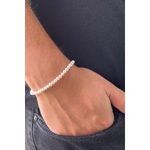 4,5 Mm Doğal İnci Sıralı Erkek Bileklik 21 Cm / Beyaz Gümüş