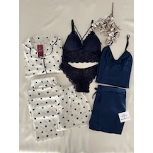 Mh Moony Homewears 7'li Lacivert Kalpli Saten Penye Pijama Takımı Iç Giyim Çeyiz Seti Lacivert