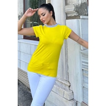 Kadın Sarı Omuz Ve Yaka Detaylı, Renk Bloklu Garnili Kısa Kol T-shirt Bluz Sari