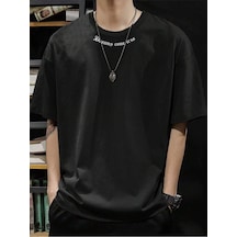 Dreams Yaka Detay Süprem T-shirt - Siyah Baskılı Oversize Bisiklet Yaka Tişört Siyah-78545