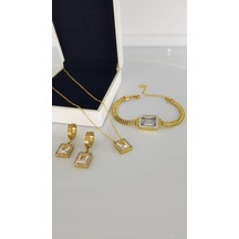 Baget Taşlı Gold Çelik Takı Seti Gümüş - Rose Gold