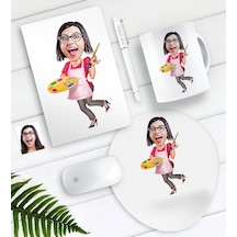 Kişiye Özel Bayan Ressam Karikatürlü Defter Kalem Kupa Mouse Pad