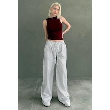 Madmext Beyaz Beli Ayarlanabilir Çizgili Cepli Bol Paça Kadın Pantolon Mg2312 Beyaz