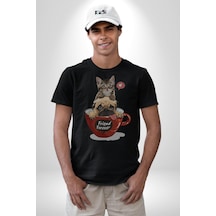 Kedi Ve Köpek Sonsuzadek Arkadaşız Unisex Unisex Siyah Organik Baskılı T-shirt Penye Yüksek Kalite Siyah