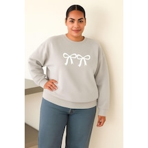 Benroma 3 İplik Penye Kurdela Baskılı Büyük Beden Unisex Sweatshırt Gri