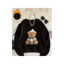 Herkesemoda Uykucu Ayı Baskı Detaylı Bisiklet Yaka Sweatshirt Siyah