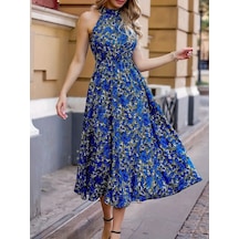 Efnaz Style Kadın Omuz Dekolteli Halter Yaka Desenli Maxi Süprem Elbise Mavi