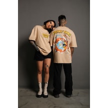 Noıssey Kod:ızeı - Unisex Oversize Looney Tunes Baskılı Pamuklu T-shirt P--1003 Bej