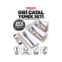 Lüks Gri Çatal Yemek Seti 25 Kişilik 33 33 Cm Garson Katlamalı Peçete, Poşetli Kürdan Ve Stick Tuz
