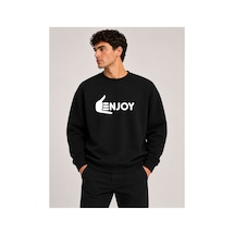 Herkesemoda Enjoy Baskılı Bisiklet Yaka Şardonlu 2 İplik Sweatshirt Siyah