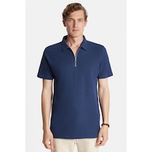 Tudors Erkek Slim Fit Dar Kesim %100 Pamuk Fermuarlı Lacivert Polo Yaka Tişört-34350 Lacivert
