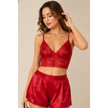 Loule Kadın Kırmızı Dantel Braletli Saten Şortlu Pijama Takımı