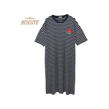 Siyah Kadın Yaz Gecelik Gevşek Kısa Kollu Nefes Yumuşak Rahat Uyku Polyester Çizgili Baskı Gece Elbise Kadın Konfeksiyon Siyah