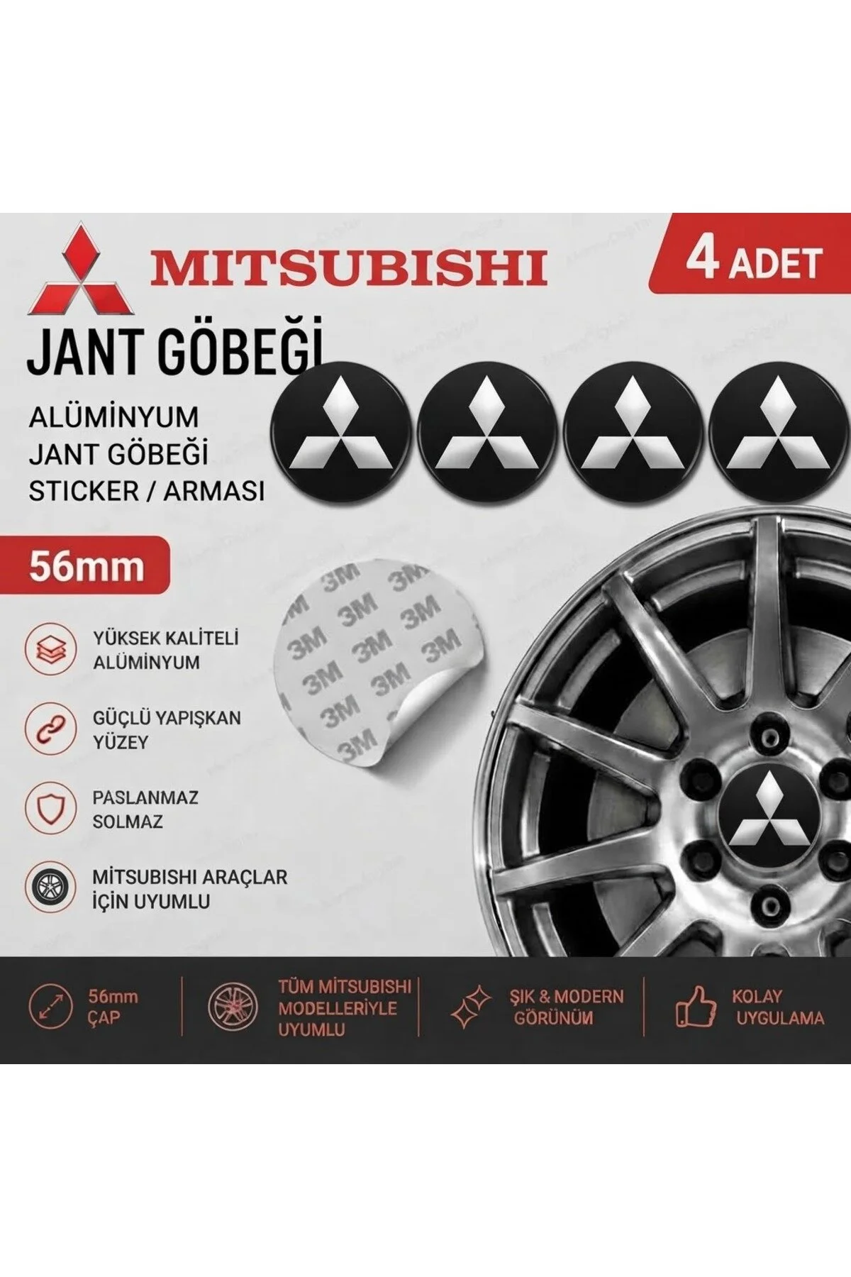 Mitsubishi Logolu Alüminyum Jant Göbeği Arması Sticker 56mm - 4 Adet