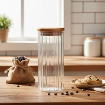 Linie Serisi Bambu Kapaklı Borosilikat Cam Kavanoz - 350 Ml Çizgili Vakumlu Baharatlık, Çay Ve Kahve Saklama Kabı Çok Renkli