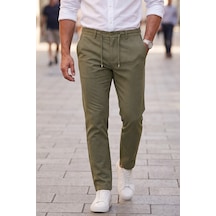 Rizzup Erkek Slim Fit Çizgili Haki Kumaş Pantolon İpli Esnek Bel Likralı Spor Pantolon 2700240
