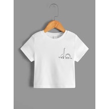 Dinazorlar Pamuklu Çocuk T-shirt- Beyaz Baskılı Kız Erkek Çocuk Yazlık Bisiklet Yaka Tişört Beyaz