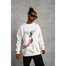 Erkek Güvercin Baskılı 3 İplik Pamuklu Bisiklet Yaka Sweatshirt - Beyaz