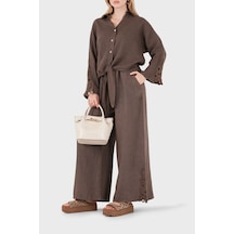 Via Dante Relaxed Fit Güpür Detaylı Bol Paça Keten Pantolon Bayan Pantolon 699e10941 Kahve