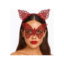 Gösterişli - 543 - Kırmızı Dantel Maske Ve Taç Seti 7 No Masquerade Ve - Dpmıx-hb - Davetler İçin