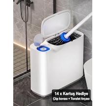 Kartuşlu Tuvalet Fırçası Ve Çöp Kovası Seti 2'si 1 Arada Dokunmatik Kapaklı Hijyenik Wc Banyo Temi Beyaz