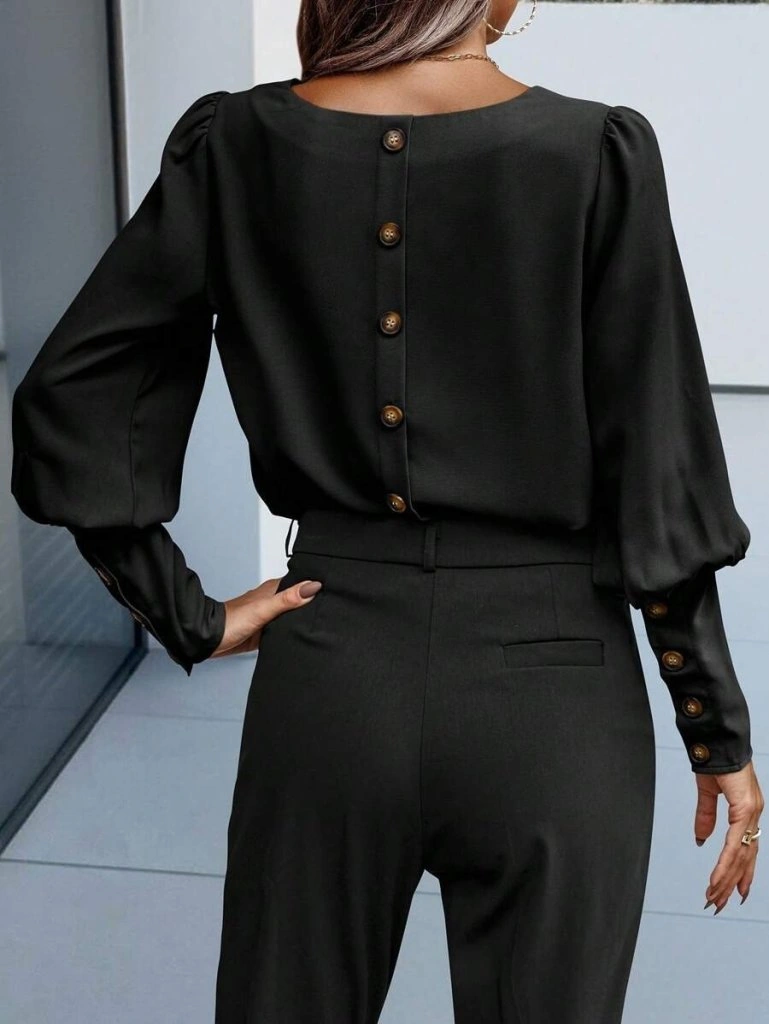 Tua Moda Kadın Uzun Kollu Yuvarlak Yakalı Düğmeli Ithal Krep Bluz Siyah