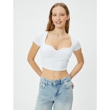 Koton Kalp Yaka Crop Tişört Ribanalı Kısa Kollu Slim Fit Ekru 4sal10808ık Ekru
