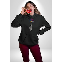 Gezegenler Balon Astronot Yükselişi Kadın Erkek Siyah Kapüşonlu Sweatshirt Hoodie Siyah