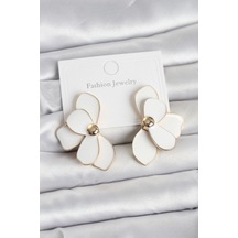 Beyaz Mineli Lotus Model Pirinç Kadın Küpe Altın