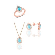 Gümüş Rose Akuamarin Taşlı Damla Modeli Üçlü Set