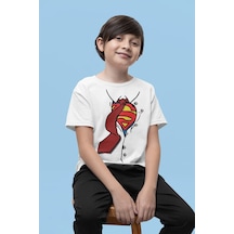 Sevbano Tasarım Süperman Baskılı Unisex Çizgi Film Çocuk Tişört 1-12 Yaş Beyaz