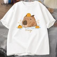 Capybara Portakallar İle Yüzme T-shirt Boy T Shirt Unisex Pamuk Shrot Kollu Karikatür Hayvan Beyaz