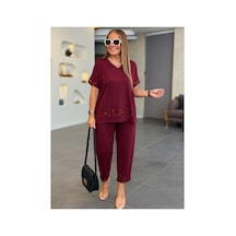 Butik İstanbul Kadın Kısa Kollu V Yakalı Pul Payetli Viskon Iki Iplik Bluz Ve Pantolon Ikili Takım Bordo