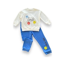6-9-12-18 Ay Emoje Baskılı Pamuk Penye Kumaş Erkek Bebek Takımı Mavi Mavi