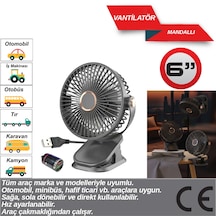 Evde Ofiste Araçta Vantilatör 12-24 Volt 6 Inç Mandallı Usb Ve Çakmaklık Girişli