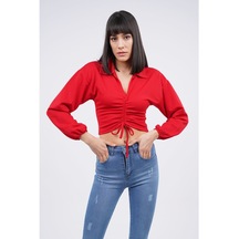 Gabria Kadın Polo Yaka Ön Büzgülü Bluz Kırmızı