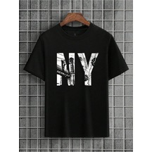 Ny Brooklyn Baskılı Unisex Oversize Siyah T-shirt Siyah