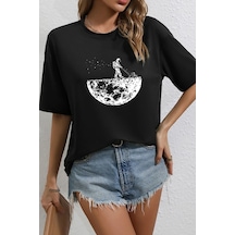 Unisex Uzay Temalı Baskılı Tasarım Tshirt SIYAH
