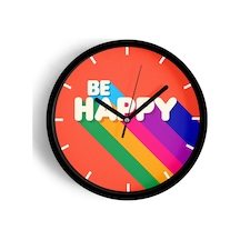 Modern Yazılı Tasarım - Be Happy Duvar Saati - 30cm - Önü Camlı Siyah Kasa - Sessiz Mekanizma-jh0196 Siyah