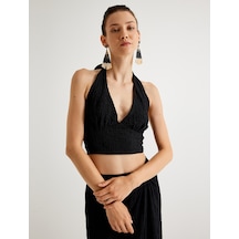 Koton Koton X Melis Ağazat - Halter Yaka Büstiyer Dokulu Siyah 4sak10734ek Siyah