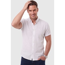 Deepsea Erkek Slim Fit Likralı Jakar Dokulu Beyaz Kısa Kol Gömlek Esnek Nakış Armalı 2604356