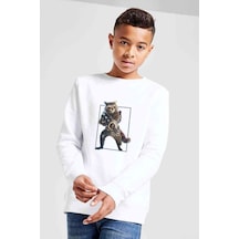 Tshirthane Rakun Rocket Baskılı Unisex Çocuk Beyaz Sweatshirt Beyaz