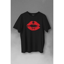 Korsan Skull Kuru Kafa Dudak Öpücük Kiss Me Baskılı Tişört Unisex T-shirt 001