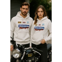 Unisex İkili Paket Kadın-erkek Sevgili Kombini - Kapüşonlu Baskı Detaylı Sweatshirt 2'li Paket Beyaz