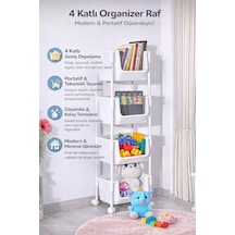 4 Katlı Tekerlekli Organizer Oyuncak Dolabı Banyo Rafı Mutfak Rafı Kiler Düzenleyici Sepet Beyaz