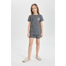 Defacto Kız Çocuk Baskılı Kısa Kollu Şort 2li Pijama Takımı C1956a824spgr449 Gri