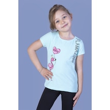 Toontoy Kids Toontoy Kız Çocuk Flamingo Desenli Taş İşlemeli Baskılı Tişört Mint Yeşili