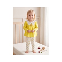 Deniva Kids Kız Bebek & Çocuk Dantel/örgü Bebe Yaka Kiraz Nakışlı Tunik Ve Ribana Çiçek/kiraz Desenli Tayt 2'li Alt Üst Takım Sarı