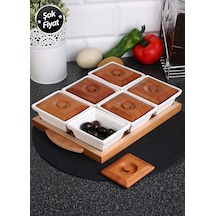 6'lı Seramik Gövdeli Ahşap Kapaklı Tepsi Beyaz Kahvaltı Takımı Beyaz