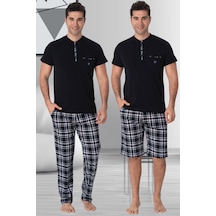 Mecit Pijama Mecit 2901 Lacivert Ekoseli %100 Pamuk 3'lü Büyük Beden Erkek Pijama Takımı Lacivert